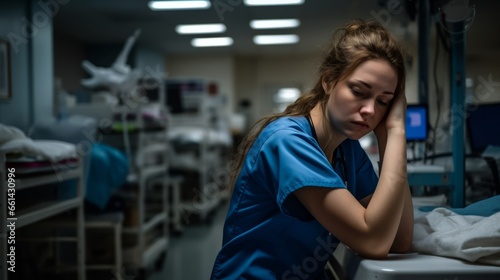 exhausted Caucasian nurse after the long shift is sleeping