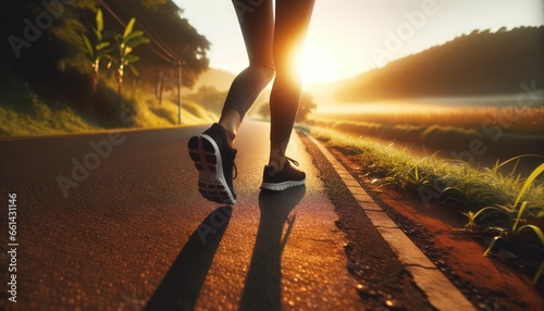  Active Woman Exercising on Tranquil Country Road at Sunrise