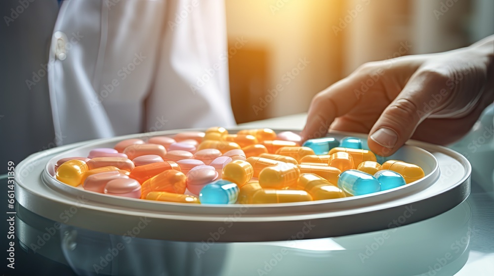 Focus on the image of the doctor's hand. There was colored medicine on the tray dispensed by an antiviral pharmacist