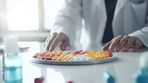 Focus on the image of the doctor's hand. There was colored medicine on the tray dispensed by an antiviral pharmacist