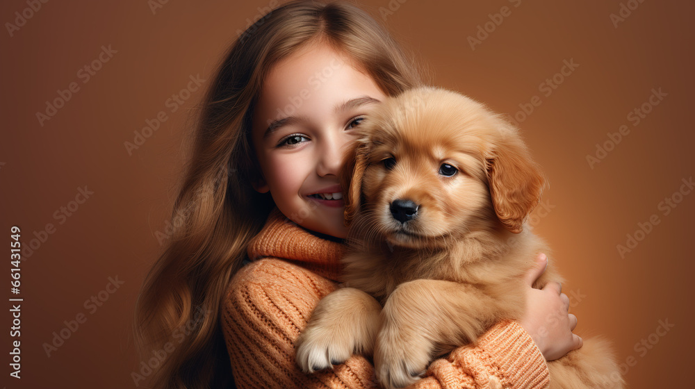 adorable young girl holding golden retriever puppy isolated on background. 