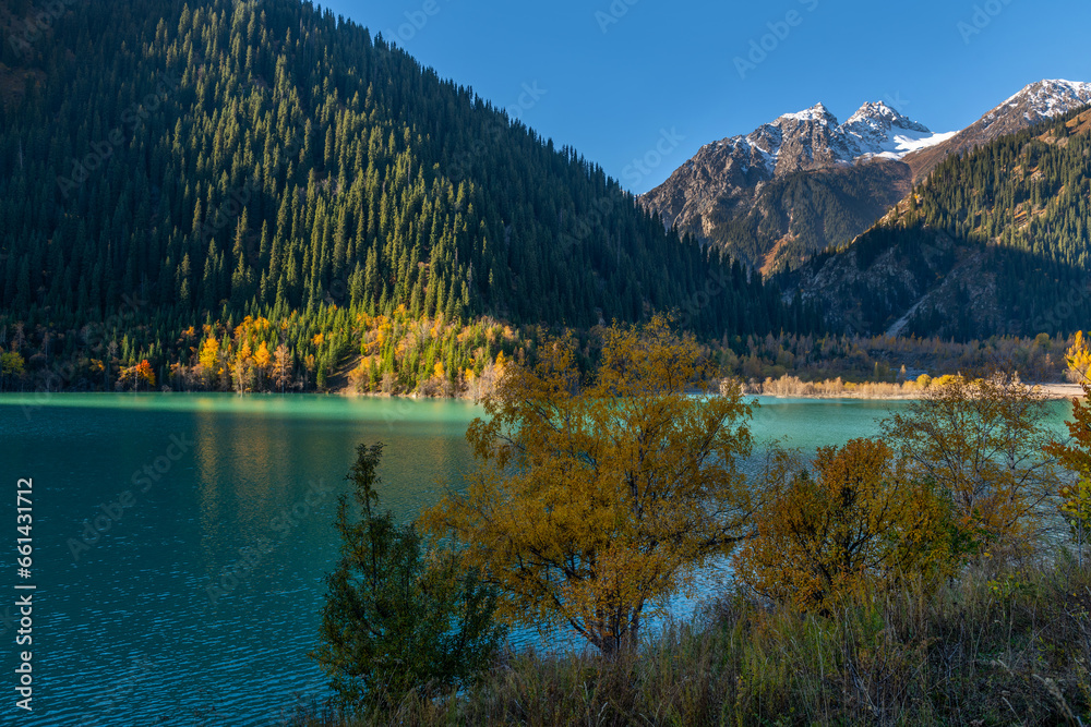 Alpine lake Issyk on an autumn morning in the outskirts of the Kazakh city of Almaty