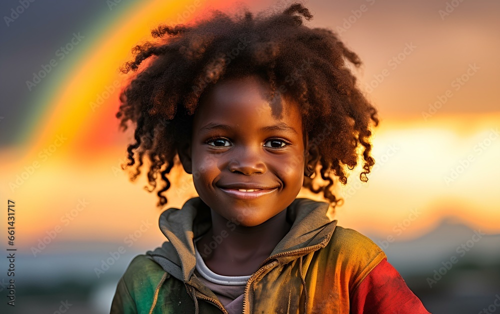 A happy poor African boy, smiling cheerfully on a rainbow background. A happy poor African boy, smiling cheerfully on a rainbow background.