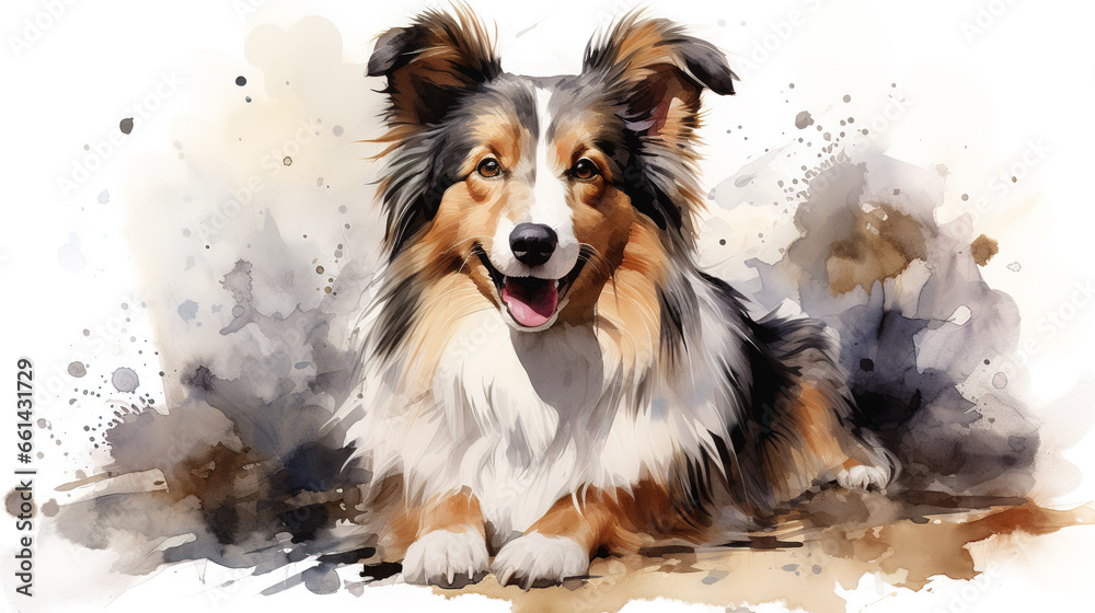Adorable shetland sheepdog dog in watercolor illustration minimal style.