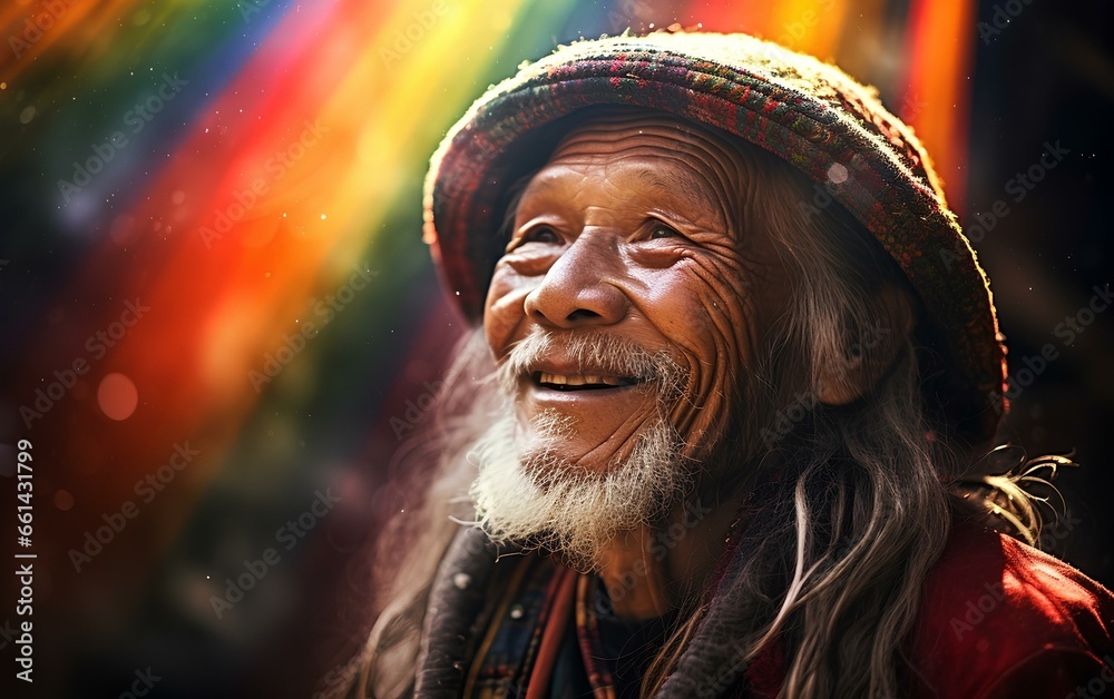 Happy poor Asian, cheerful smiling on a rainbow background.