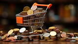 Shopping trolley  filled with coins close up mockup