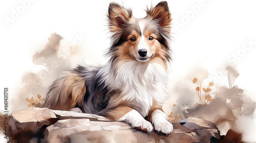 Adorable shetland sheepdog dog in watercolor illustration minimal style.
