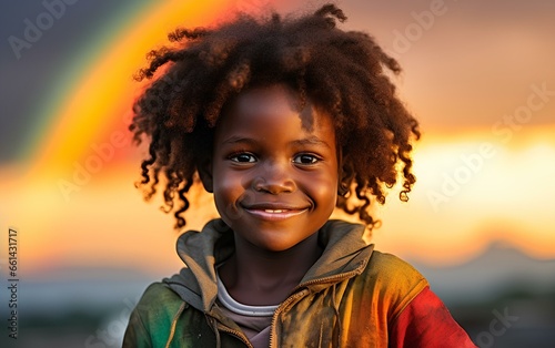 A happy poor African boy, smiling cheerfully on a rainbow background.