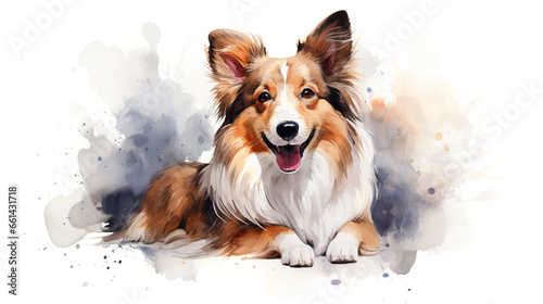 Adorable shetland sheepdog dog in watercolor illustration minimal style. photo