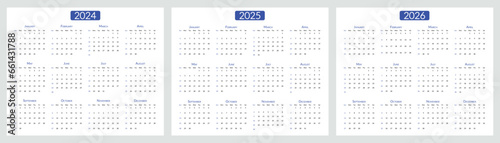 2024 2025 2026 years calendar. The week starts on Sunday. Desk planner template with 12 months. Yearly stationery diary. Vector illustration