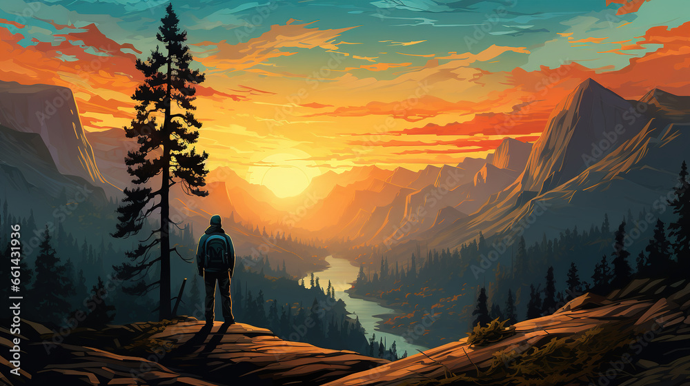 Fototapeta premium Scenic view of Yosemite national park during sunrise or sunset with a silhouette of trekker or tourist or man, in landscape comic style. 