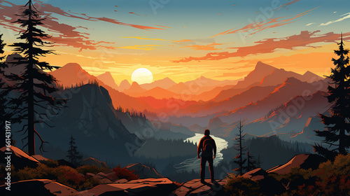 Scenic view of Yosemite national park during sunrise or sunset with a silhouette of trekker or tourist or man, in landscape comic style.  photo
