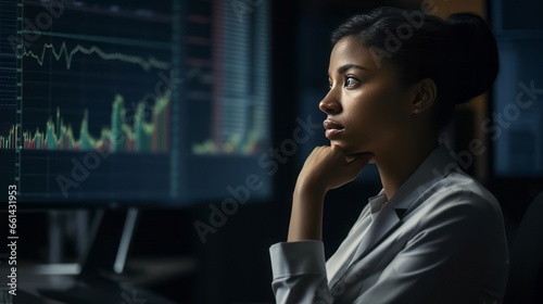 Businesswoman analyzing stock market data on computer monitor at night in office