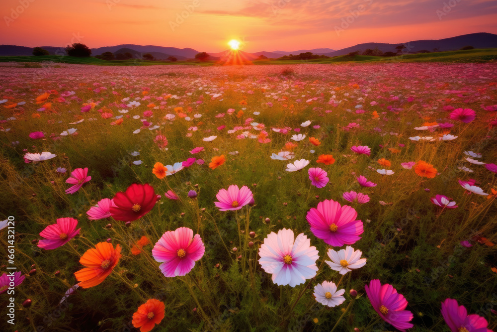 Obraz premium Colorful cosmos flowers blooming at golden hour , panoramic landscape
