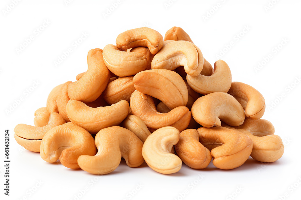 A small pile of salted cashews, arranged neatly on a white background, showcasing their golden-brown color and enticing texture A small pile of salted cashews, arranged neatly on a white background, showcasing their golden-brown color and enticing texture