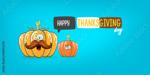 Funny Thanksgiving day horizontal banner with vector funny cartoon cute smiling friends pumpkins isolated on cyan background. Thanksgiving day cute banner and label design template with pumpkins