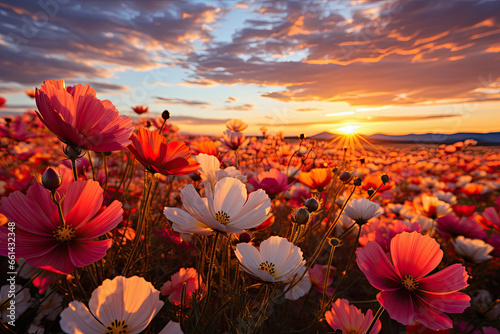  meadow with cosmos flowers in sunrise mountains background  © nnattalli