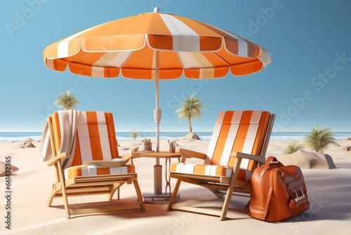 A beach umbrella with a beach chair  a cooler  and a beach bag filled with sunscreen and sunblock  Generative AI 