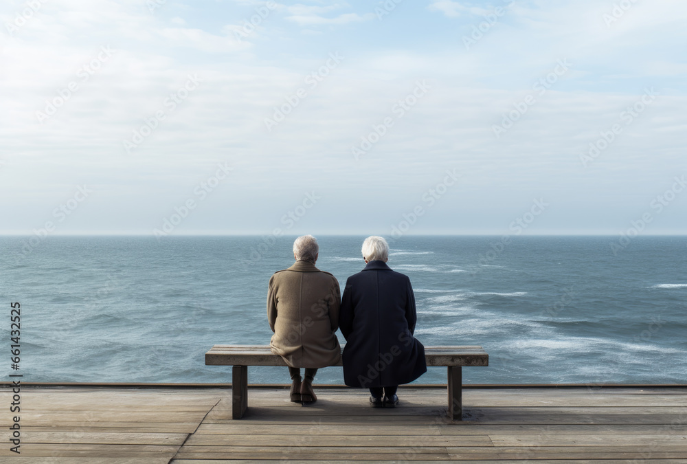 Senior couple sits on a bench and looks at the sea