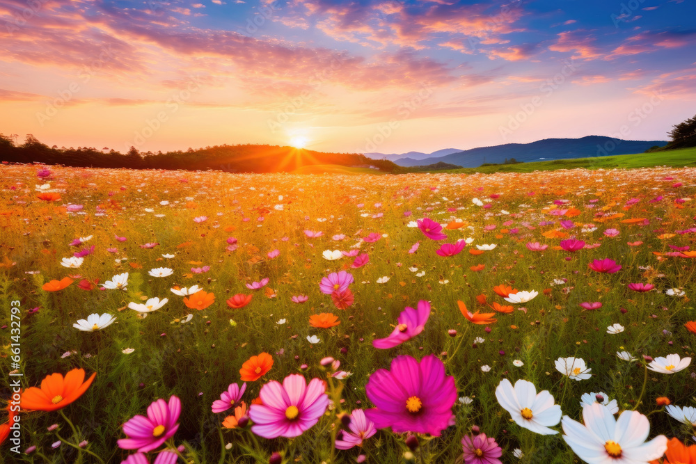 Panoramic meadow with Garden cosmos flowers in sunrise mountains background 