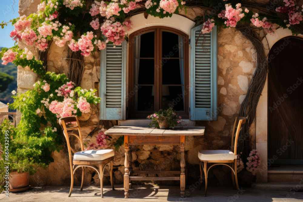 Charming Street Cafe Setting with Blooming Flowers