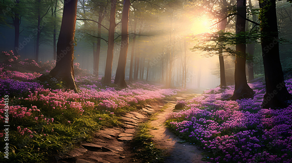 Spring glade in forest with flowers - obrazy, fototapety, plakaty 