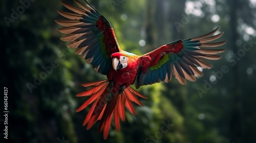 In the forest, hybrid parrots. A macaw parrot flies across dark green vegetation. Ara x Ara, rare form, in tropical jungle, wildlife scene from tropical nature. Flying red bird in the bush. © Nazia