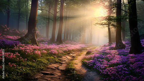 Spring glade in forest with flowers photo