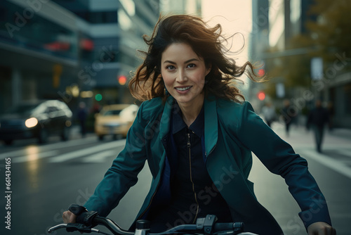 Portrait of a woman riding a bicycle in the city