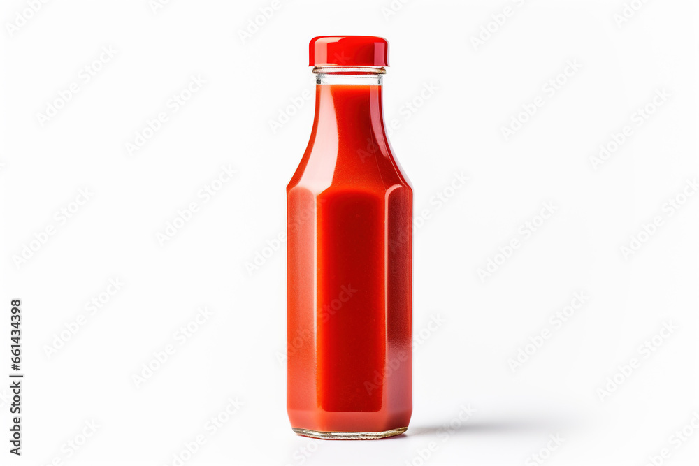 Bottle of ketchup, a popular tomato-based condiment used to enhance the flavor of various dishes, isolated on a white background Bottle of ketchup, a popular tomato-based condiment used to enhance the flavor of various dishes, isolated on a white background