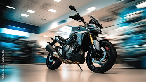 The female salesperson stood and smiled. Motorcycle showroom