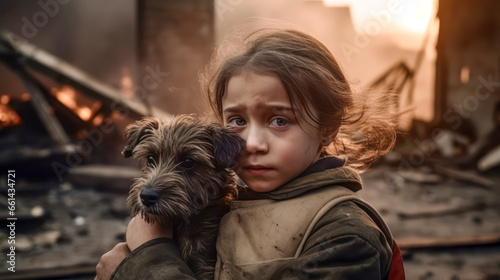 anguished child holding a dog, hopeless and alone