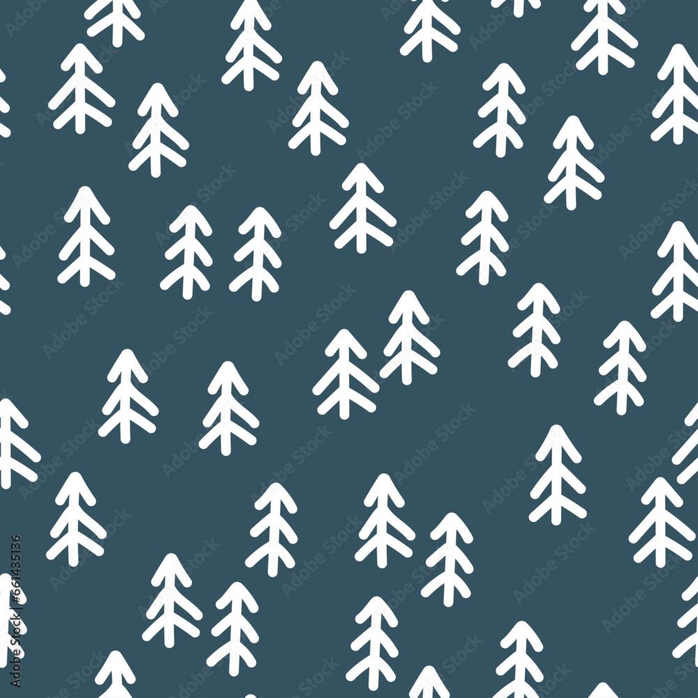 Seamless pattern of winter forest on a dark green background. Pattern for winter and christmas theme for print, paper, design, fabric, decor, gift wrapping. Vector illustration. Seamless pattern of winter forest on a dark green background. Pattern for winter and christmas theme for print, paper, design, fabric, decor, gift wrapping. Vector illustration.