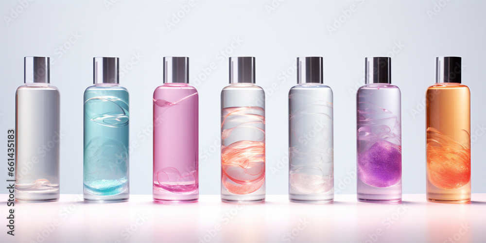 A clear liquid cosmetic product in a variety of different A clear liquid cosmetic product in a variety of different