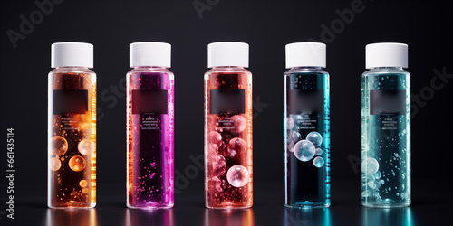 A clear liquid cosmetic product in a variety of different