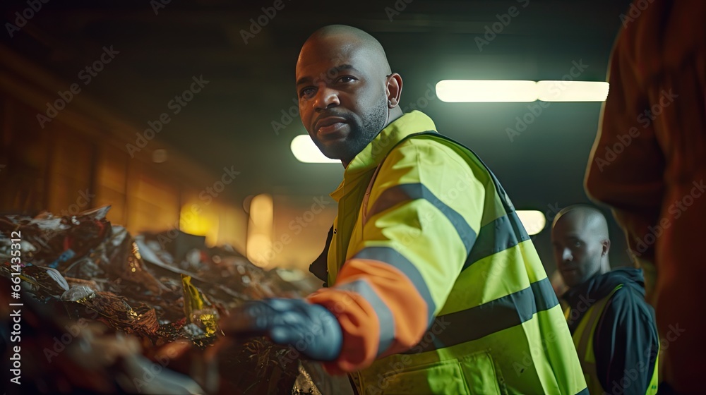 Sanitation workers working in recycling plants Employees wear reflective vests in industrial plants Sanitation workers working in recycling plants Employees wear reflective vests in industrial plants