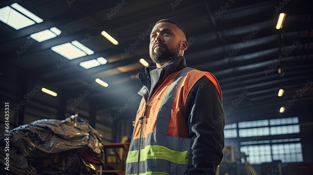 Sanitation workers working in recycling plants Employees wear reflective vests in industrial plants Sanitation workers working in recycling plants Employees wear reflective vests in industrial plants