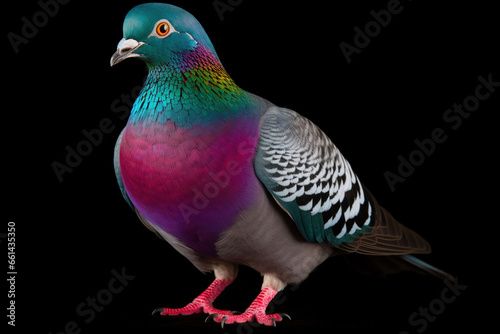 Colorful urban pigeon  a common bird found in cities  displaying a variety of plumage colors  isolated on a black background 