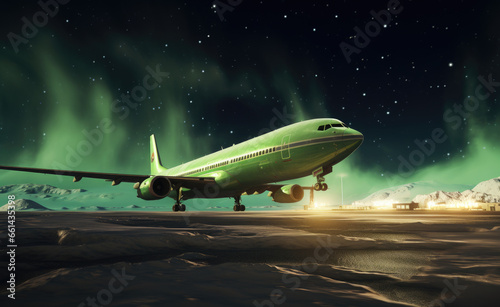 As the night sky illuminates the runway, a large green airliner takes off, propelled by its powerful aircraft engines, ready to transport passengers on an unforgettable journey through the endless po