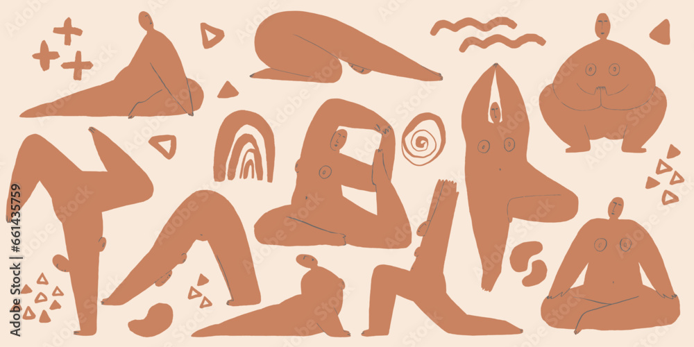 Body positive yoga poses set, plus size abstract woman in yoga asanas, warm colors illustration