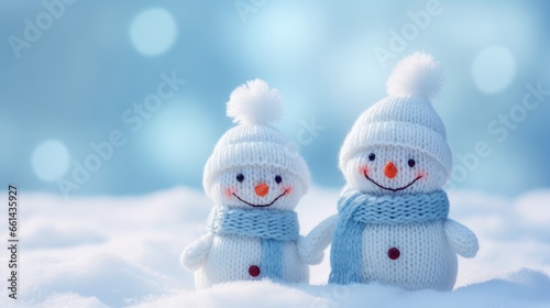 Little knitted snowmans on soft snow on blue background. Generative AI © AIExplosion