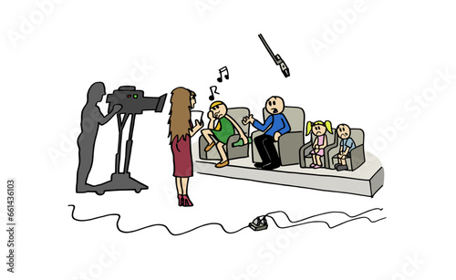 Cute family talking about their problems in a talk show tv program. Colorful cartoon style vector illustration.