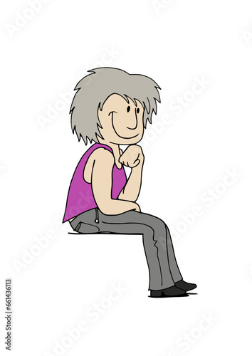 Cute happy smiling middle aged woman character sitting with her hand on face. Colorful cartoon style vector illustration on white background.