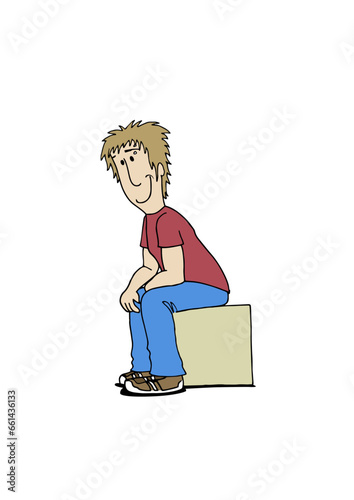 Cute happy smiling young boy character sitting wearing casual clothes and a piercing in his eyebrow. Colorful cartoon style vector illustration on white background.