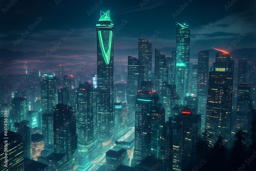 Obraz premium Vibrant Eco-Futuristic Vancouver: Neon-Lit Skyscrapers Enhancing the Night Sky in a Bustling Green Cityscape.