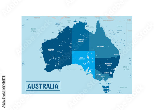Australia country political map. Detailed vector illustration with isolated provinces, departments, regions, cities, islands and states easy to ungroup.