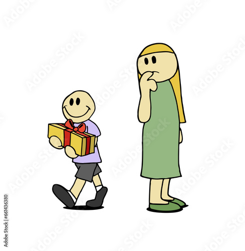 Cute smiling boy character carrying happy a box, present, gift while his mother looks at him wondering what is it. Hand drawn colorful cartoon vector illustration isolated on white background.