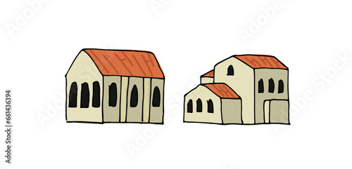 Houses, Roman temples icons, symbols. Hand drawn cartoon colorful basic vector illustration isolated on white background. Oviedo, Asturias, Spain.