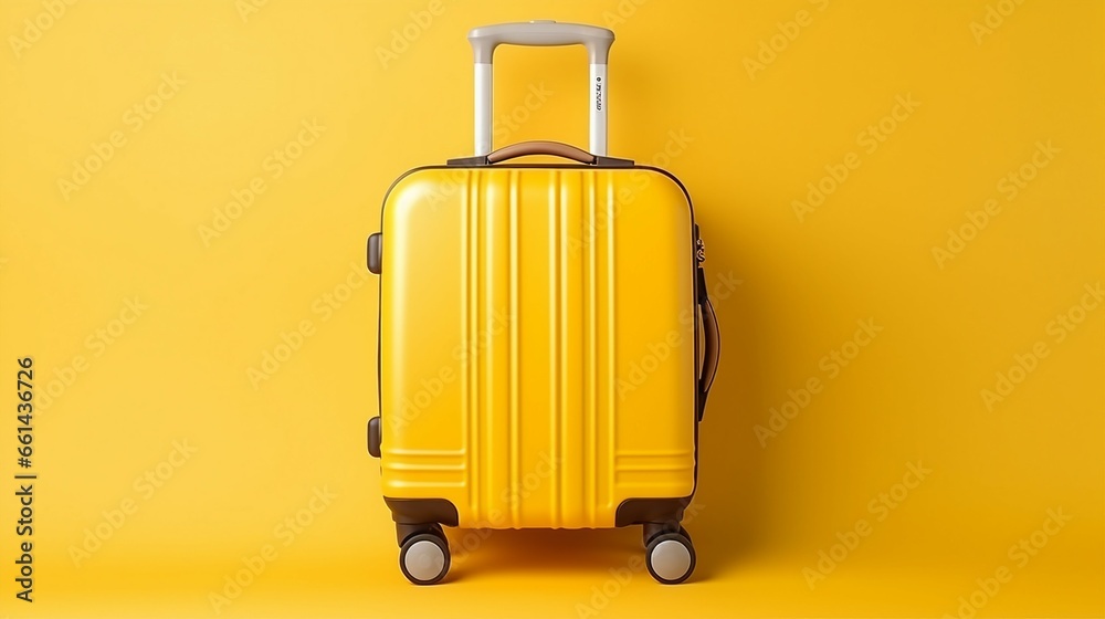 Flat lay yellow suitcase with traveler accessories on yellow background. travel concept Flat lay yellow suitcase with traveler accessories on yellow background. travel concept