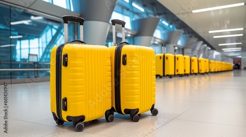 Suitcases in airport departure lounge, airplane in background, summer vacation concept, traveler suitcases in airport terminal waiting area, empty hall interior with large windows, focus on suitcases
